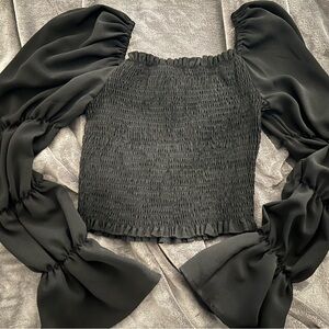 Black Ruffled Blouse with Puff Sleeves. Milk maid style